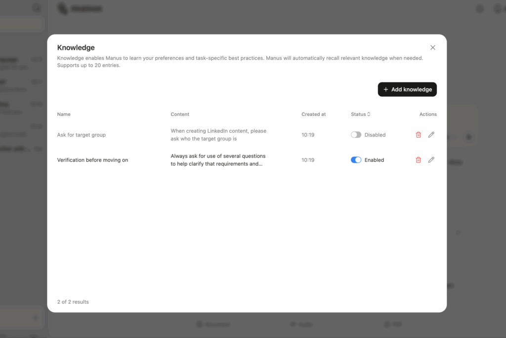 With Manus.AI, you can store custom knowledge to achieve even better results.