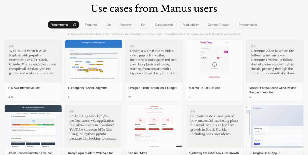 Recommended use cases from Manus users